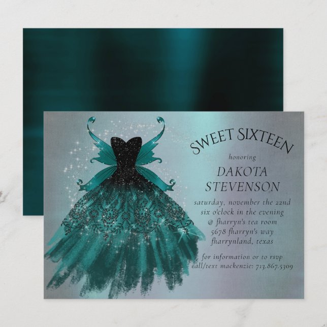 Gothic Fairy Teal Gown | Deep Midnight Green Sheen Invitation (Front/Back)