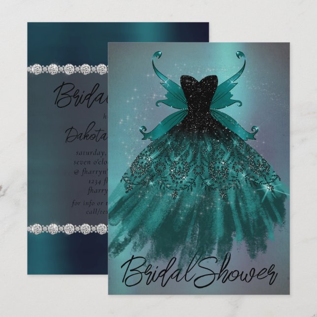 Gothic Fairy Teal Gown | Deep Midnight Green Sheen Invitation (Front/Back)