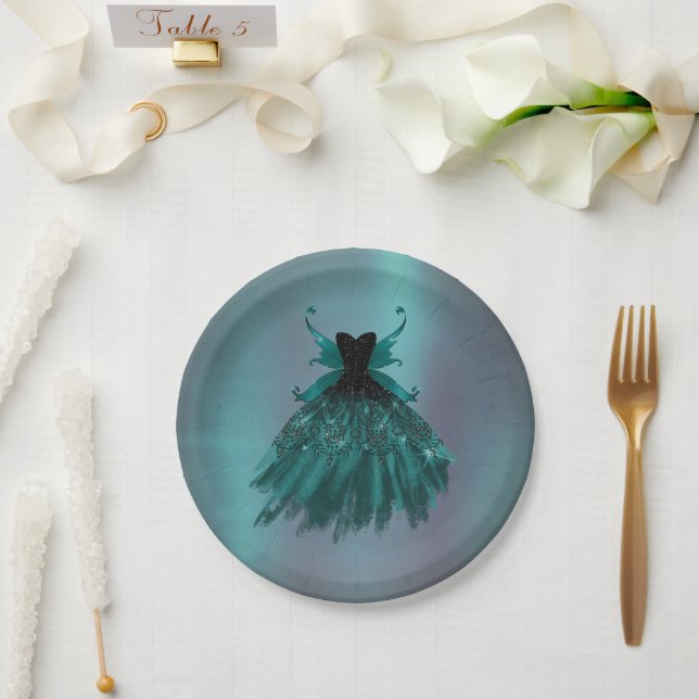 Gothic Fairy Teal Gown | Deep Midnight Green Sheen Paper Plates (Wedding)