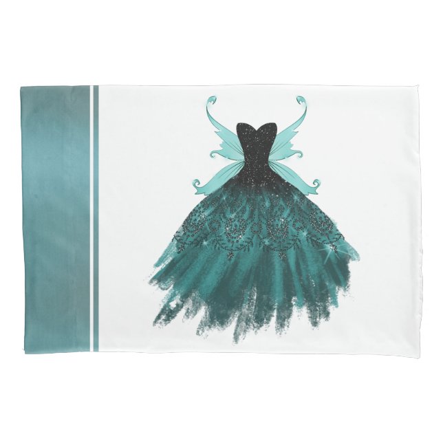 Gothic Fairy Teal Gown | Deep Midnight Green Sheen Pillow Case (Front)