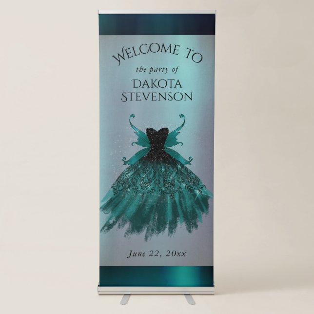 Gothic Fairy Teal Gown | Deep Midnight Green Sheen Retractable Banner (Front)