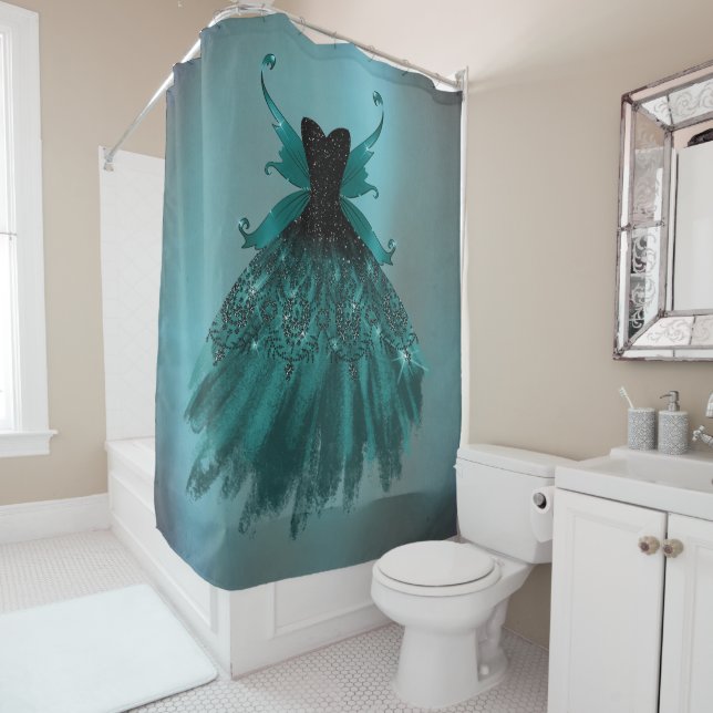 Gothic Fairy Teal Gown | Deep Midnight Green Sheen Shower Curtain (In Situ)