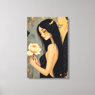 Gothic Fairy with White Wings and Rose Canvas Print