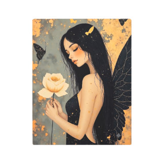 Gothic Fairy with White Wings and Rose Metal Print