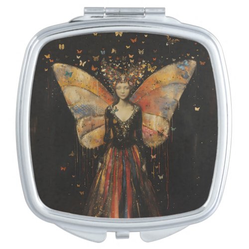 Gothic Fairy Woman Vintage Rainbow on Black Art Compact Mirror