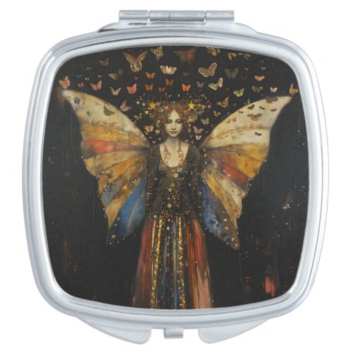 Gothic Fairy Woman Vintage Rainbow on Black Art  Compact Mirror