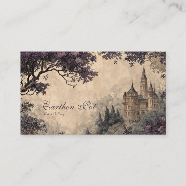 Gothic Fairytale Castle Vintage Purple Tree Business Card (Front)