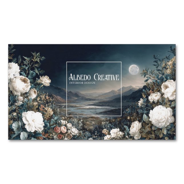 Gothic Fairytale Floral Mountain Moon Landscape Business Card Magnet (Front)