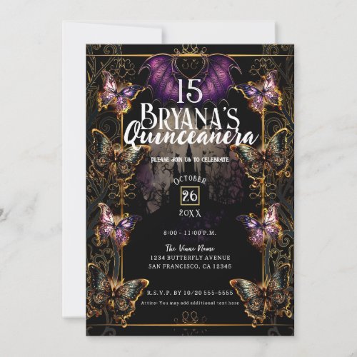 Gothic Fairytale Gold Butterfly  Bat Quinceaera  Invitation