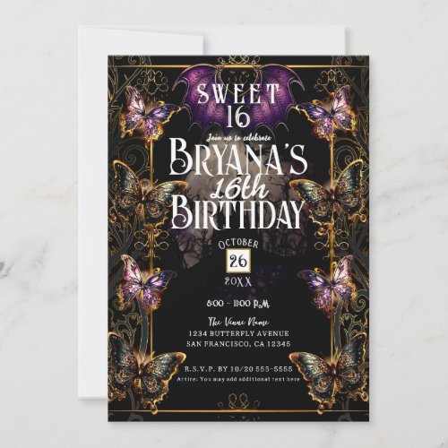 Gothic Fairytale Gold Butterfly  Bat Sweet 16  Invitation