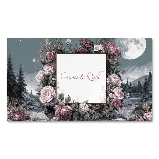Gothic Fairytale Rose Frame Moonlit Forest Scene Business Card Magnet (Front)