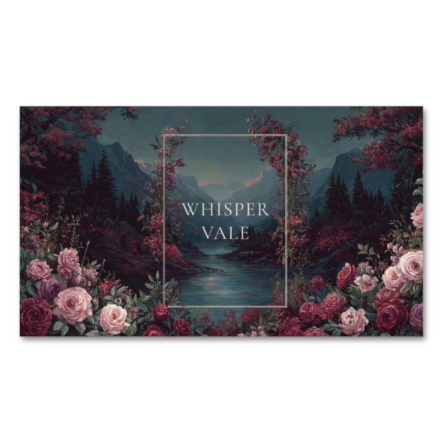 Gothic Fairytale Rose River Valley Night Landscape Business Card Magnet (Front)