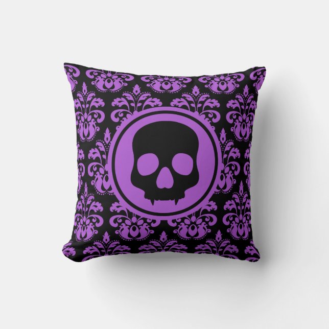 Gothic fanged Halloween skull purple damask Throw Pillow (Front)