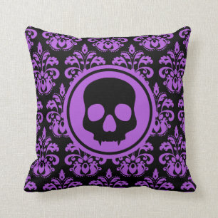 Gothic fanged Halloween skull purple damask Throw Pillow