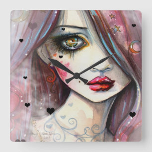 Gothic Fantasy Art Girl with Hearts Square Wall Clock