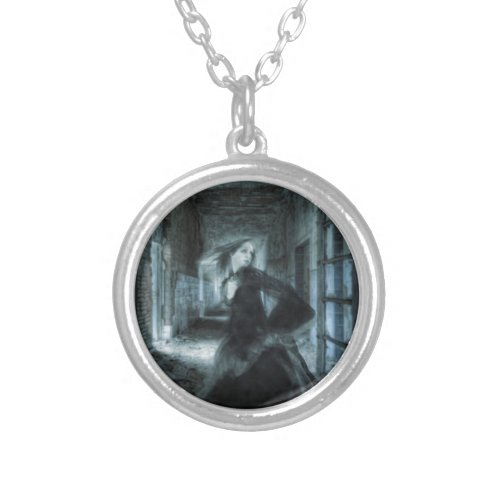 Gothic Fantasy Art of Ghost Girl Running in Horror Silver Plated Necklace