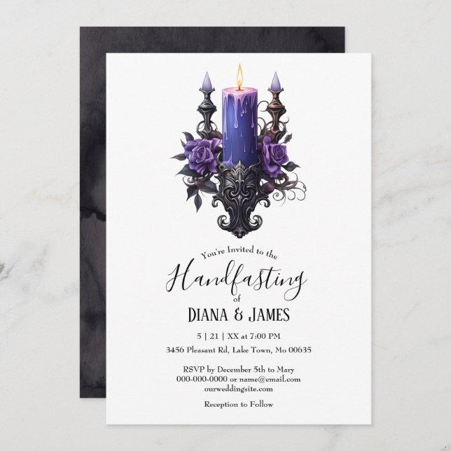 Gothic Fantasy Dark Purple Candelabra Handfasting Invitation (Front/Back)