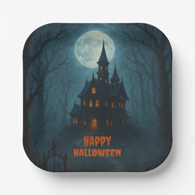Gothic Fantasy | Haunted Castle & Misty Moonlight  Paper Plates (Front)