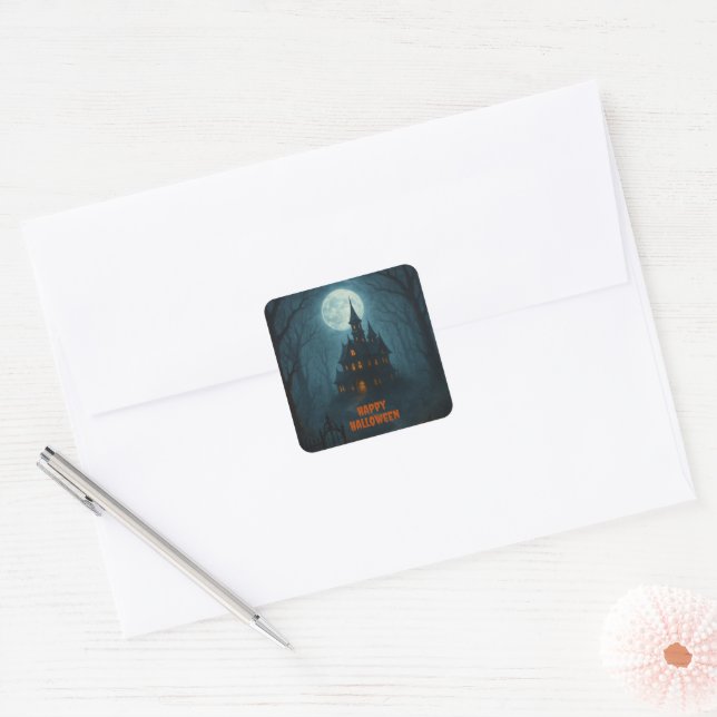 Gothic Fantasy | Haunted Castle & Misty Moonlight  Square Sticker (Envelope)