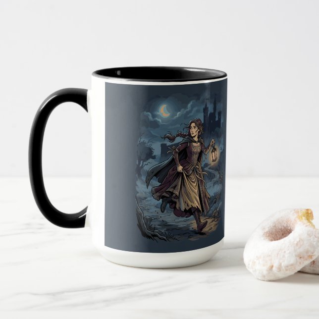 Gothic Fantasy Medieval Girl Lantern Castle Night Mug (With Donut)