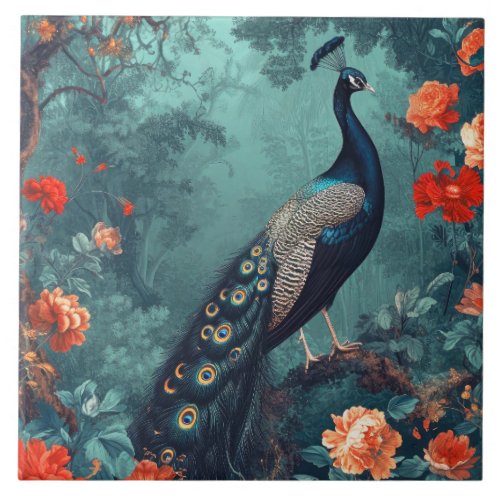 Gothic Fantasy Peacock and Red Flowers Ceramic Tile