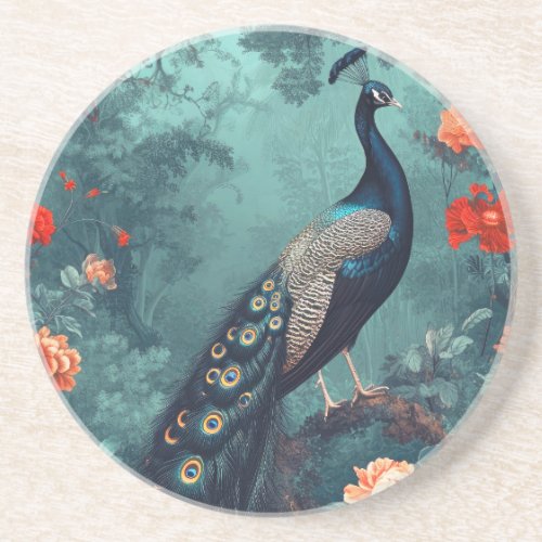 Gothic Fantasy Peacock and Red Flowers Coaster