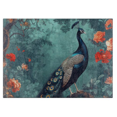 Gothic Fantasy Peacock and Red Flowers Cutting Board