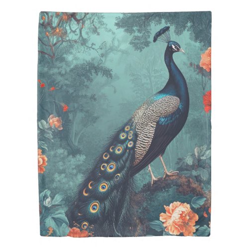Gothic Fantasy Peacock and Red Flowers Duvet Cover