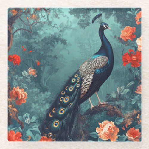 Gothic Fantasy Peacock and Red Flowers Glass Coaster