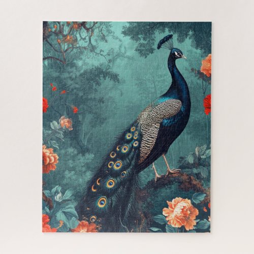 Gothic Fantasy Peacock and Red Flowers Jigsaw Puzzle