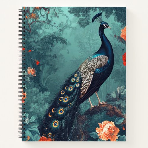 Gothic Fantasy Peacock and Red Flowers Notebook