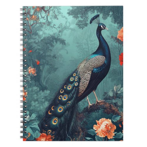 Gothic Fantasy Peacock and Red Flowers Notebook