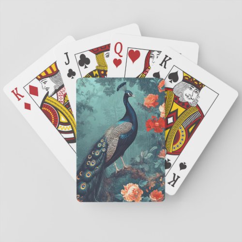 Gothic Fantasy Peacock and Red Flowers Playing Cards