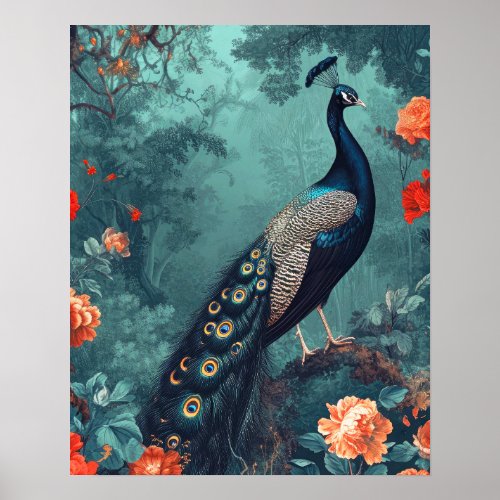 Gothic Fantasy Peacock and Red Flowers Poster