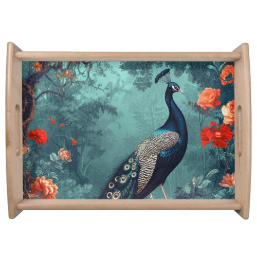 Gothic Fantasy Peacock and Red Flowers Serving Tray