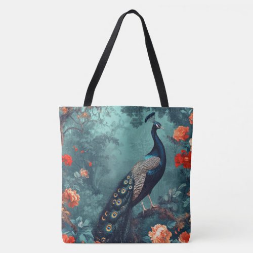 Gothic Fantasy Peacock and Red Flowers Tote Bag