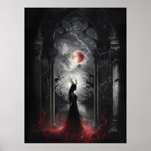 Gothic Fantasy Scene – Red Moon Silhouette Art
