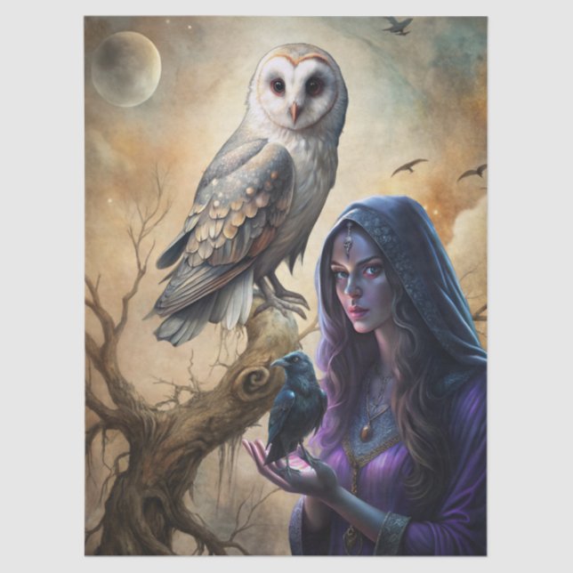 Gothic Fantasy Tarot Reader White Owl & Raven  Tissue Paper (Front)