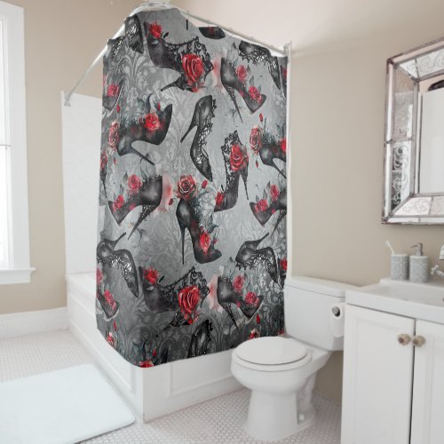 Gothic Fashion High Heels with Red Roses Pattern Shower Curtain