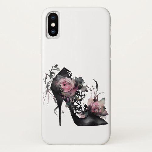 Gothic Fashion Stiletto Heel with Mauve Pink Roses iPhone XS Case