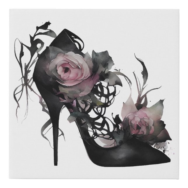Gothic Fashion Stiletto Heel with Mauve Pink Roses Faux Canvas Print (Front)