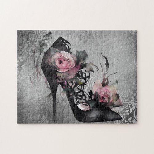 Gothic Fashion Stiletto Heel with Mauve Pink Roses Jigsaw Puzzle