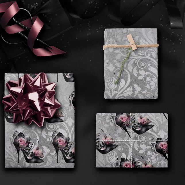 Gothic Fashion Stiletto Heel with Mauve Pink Roses Wrapping Paper Sheets (Creator Uploaded)