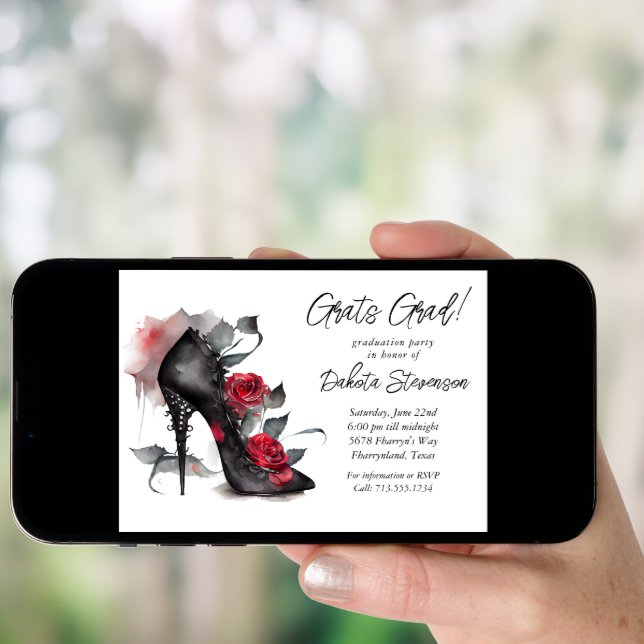 Gothic Fashion Stilettos With Red Roses Graduation Invitation (Front Digital)