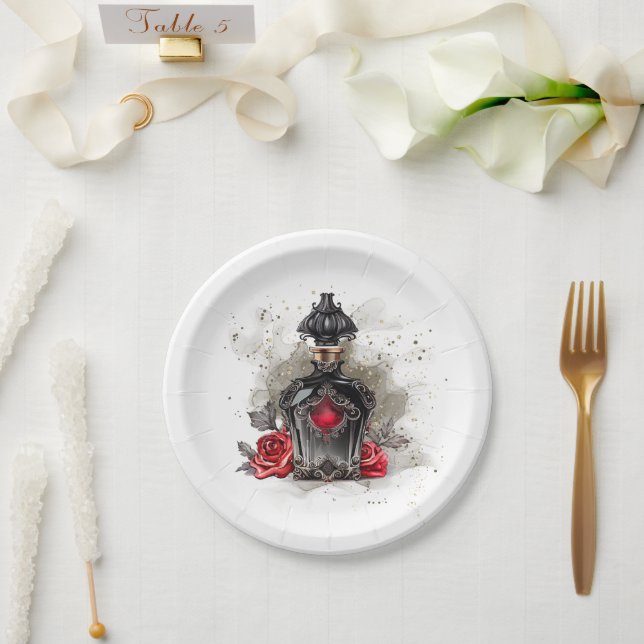 Gothic Fashion Victorian Perfume Bottle with Roses Paper Plates (Wedding)