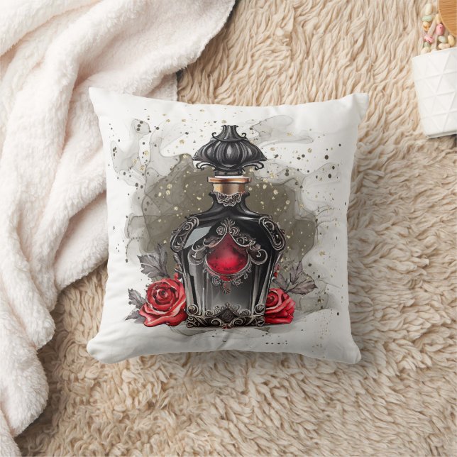 Gothic Fashion Victorian Perfume Bottle with Roses Throw Pillow (Blanket)