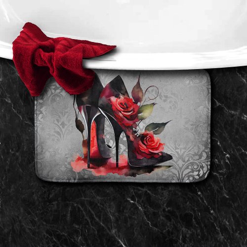 Gothic Fashionista Red Bottom Stilettos with Roses Bath Mat