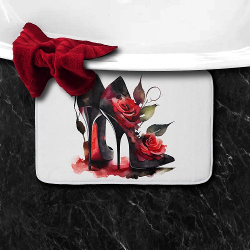 Gothic Fashionista Red Bottom Stilettos with Roses Bath Mat