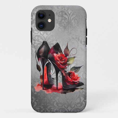 Gothic Fashionista Red Bottom Stilettos with Roses iPhone 11 Case