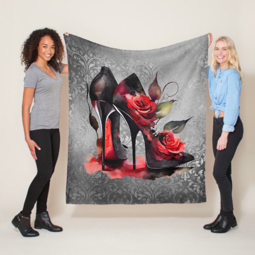 Gothic Fashionista Red Bottom Stilettos with Roses Fleece Blanket